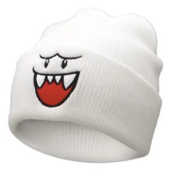 Gorro De Lana Bordado Diseño Boo Mario Bros Blanco M